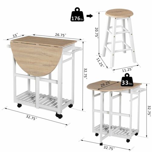 HOMCOM 3PCS Kitchen Trolley Island Set with Wheels 2 Barstool Chairs Drop Leaf