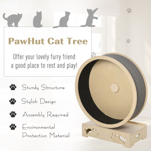 Wooden Pet Exercise Wheel with Carpet, Round Hamster-Wheel Style Cat Tree Grey 842525197304