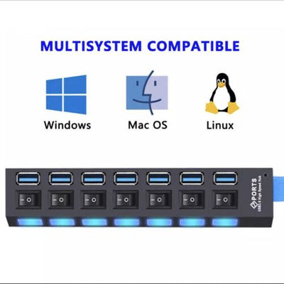 USB 3.0 Hub 7 Port Distributor with Independent Led on/Off Switch For Computer