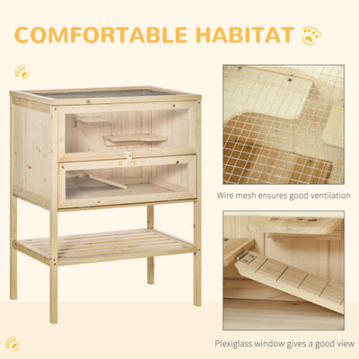 3-Tier Wooden Hamster Habitat Play Cage for Small Animals w/ Platforms, Natural 196393161401