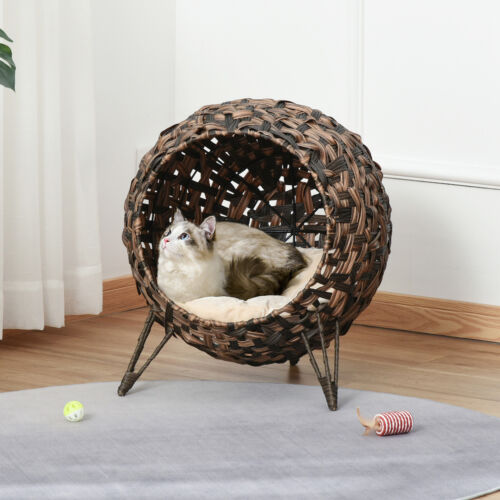 Rattan Basket Pet Dome and Animal Bed, with Metal Tripod for Stability, Brown