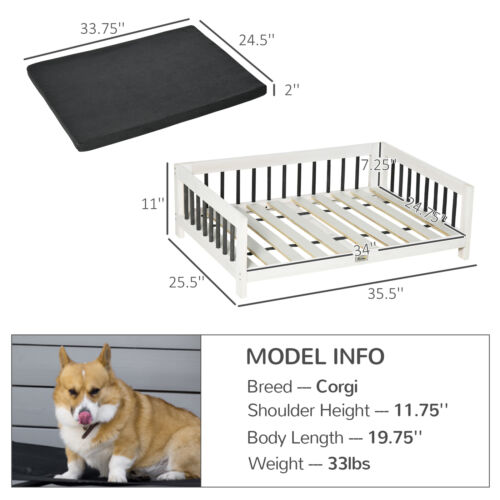 Wood Dog Bed with Removable Cushion Cover, Supportive Sponge, Elevated Dog Bed 196393252758