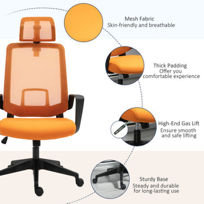 Mesh Office Chair High Back Swivel Task Chair w/ Rotate Headrest, Orange