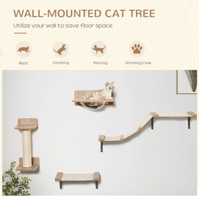 Cat Tree 4pc Pet Mounted Shelf Set, Feed Bowl, Climbing Hammock, Shelves, Beige 196393066652