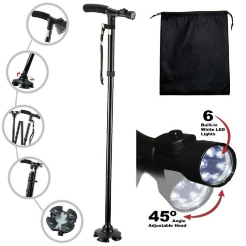 LED Walking Stick Cane Safety All Terrain Pivoting Base Folding For Camping CA