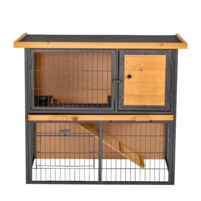 Outdoor Rabbit Cage Elevated Pet House w/ Slide-Out Tray, Natural Wood &amp; Black 842525165488