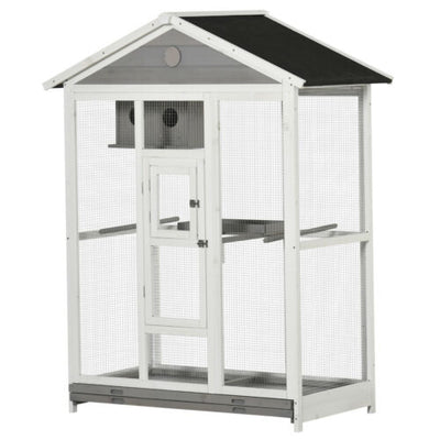 64.5&quot; Wooden Outdoor Bird Flight Aviary Cage Play House Finch Parrot Canary Grey 196393161333