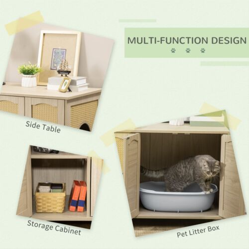 Cat Hidden Litter Box Enclosure Side Table, W/ Spacious Storage Cushion, Oak