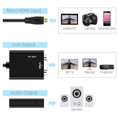 1080P Micro HDMI Male to VGA Female Audio Output Plug Converter Adapter Cable