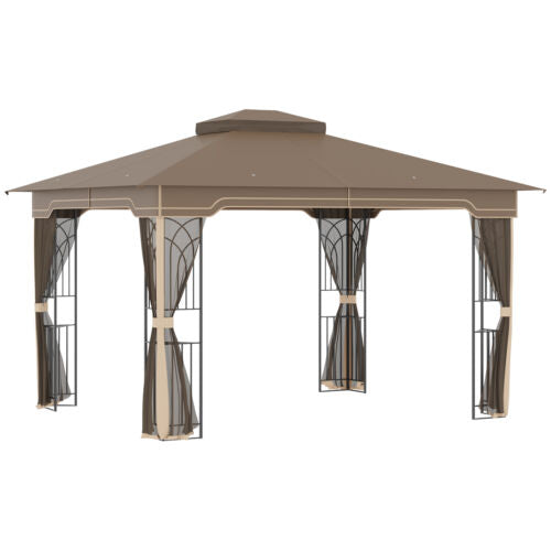 12&apos; x 10&apos; Patio Gazebo Outdoor Canopy Shelter with Double Tier Roof, Brown