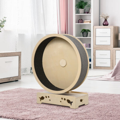Wooden Pet Exercise Wheel with Carpet, Round Hamster-Wheel Style Cat Tree Grey 842525197304