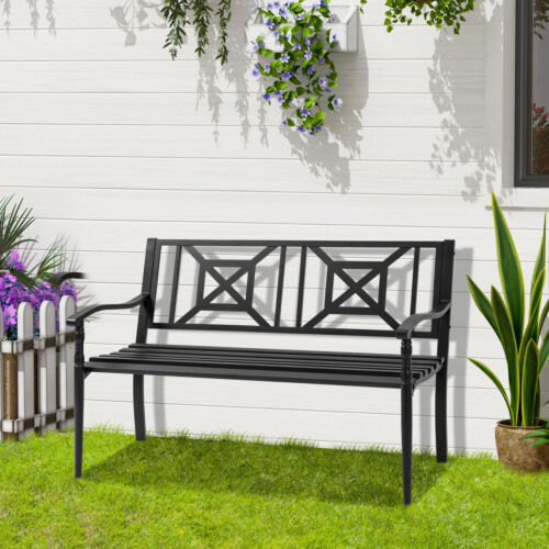 Steel Garden Bench Outdoor Patio Bench for Lawn Deck Yard Porch Entryway Black