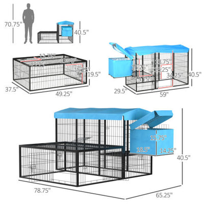 Metal Chicken Coop, Outdoor Poultry Cage, w/ Run, Nesting Box, Canopy, Blue 196393165836