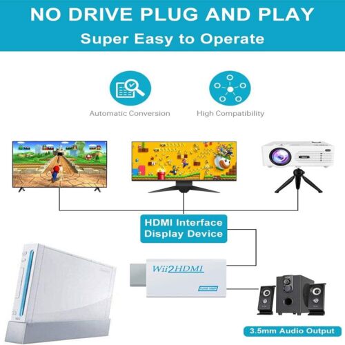 White Portable Wii to HDMI Wii 2 HDMI Full HD Converter Audio Output Adapter TV