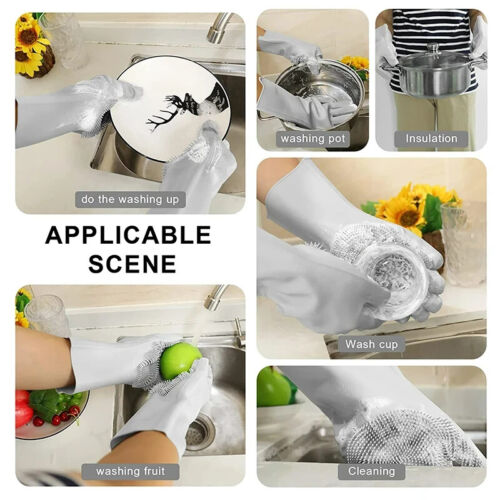 1 Pair Magic Silicone Dish washing Scrubber Rubber Scrub Gloves Kitchen Clean