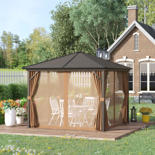 10&apos; x 10&apos; Steel Hardtop Gazebo with Nettings and Curtains Hook Aluminum Frame