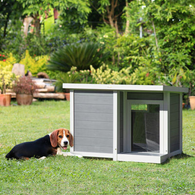 Dog House Outdoor, Cabin Style, w/ PVC Curtain, Openable Top, for Medium Dog