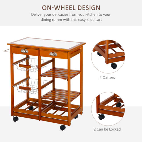 Rolling Kitchen Trolley Cart Wine Rack Storage 2 Drawers Buffet Table Countertop