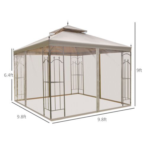 Gazebo 10&apos; x 10&apos; Steel Outdoor Garden Gazebo with Mesh Curtains - Brown