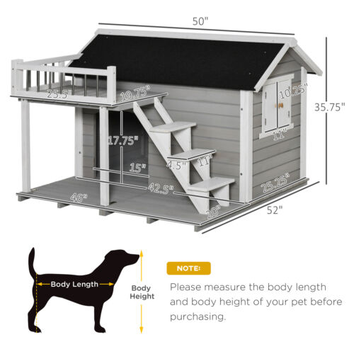 2-Story Wooden Outdoor Dog House Shelter w/ Stairs &amp; Balcony Medium, Large Dogs 196393159132