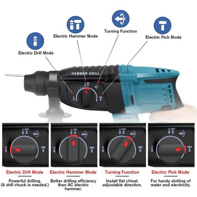 1400 RPM Handle Demolition Hammer Variable Speed 4 Functions Cordless Drill