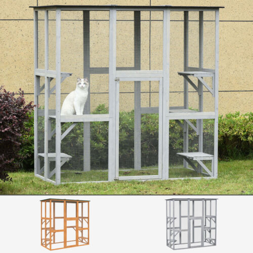 Large Catio Enclosure Shelter Cage w/ Weather Protection, 6 Cat Platforms