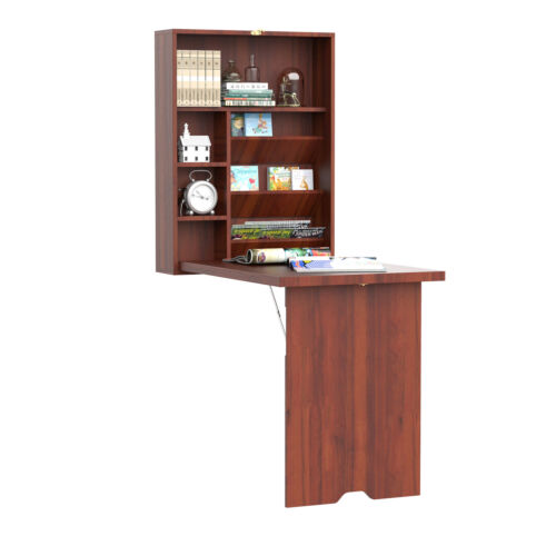 Fold-Out Convertible Desk Wall Mounted Table Cabinet Workstation Walnut