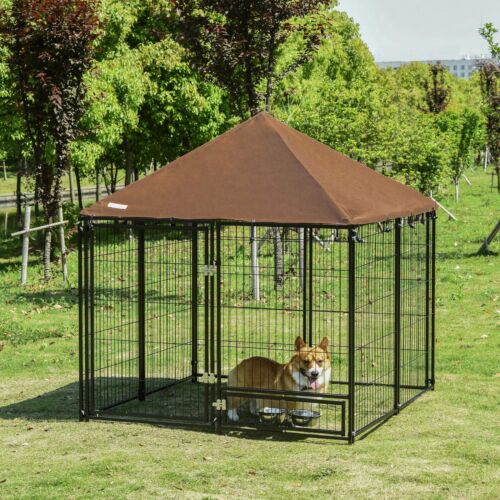 Outdoor Dog House Kennel with Canopy Top &amp; Secure Lock Rotating Bowl Holder 196393260210