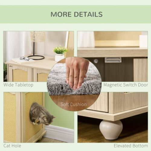 Cat Hidden Litter Box Enclosure Side Table, W/ Spacious Storage Cushion, Oak