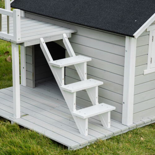 2-Story Wooden Outdoor Dog House Shelter w/ Stairs &amp; Balcony Medium, Large Dogs 196393159132