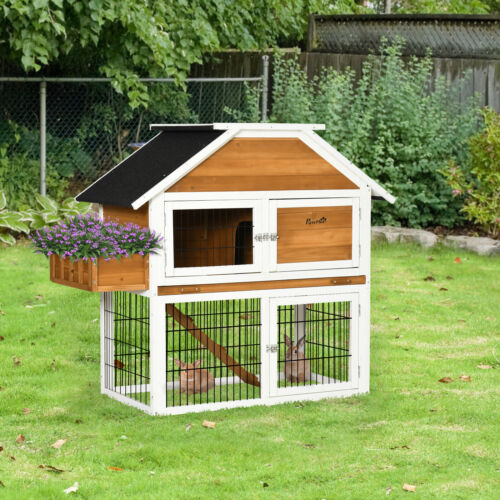 Outdoor Rabbit Hutch with Flower Bed, Shady Waterproof Wooden Rabbit Cage 196393256572