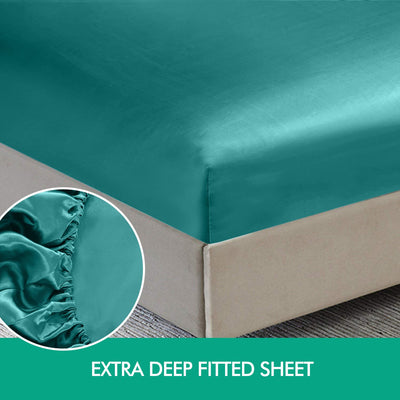 DreamZ Ultra Soft Silky Satin Bed Sheet Set in King Size in Teal Colour